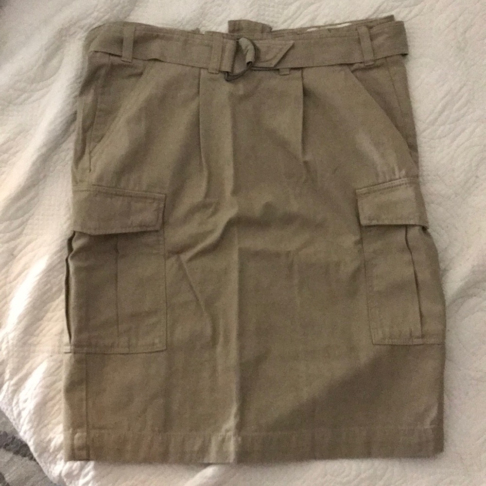 Cargo Tan Midi Cotton Pencil Skirt w Pockets &Belt